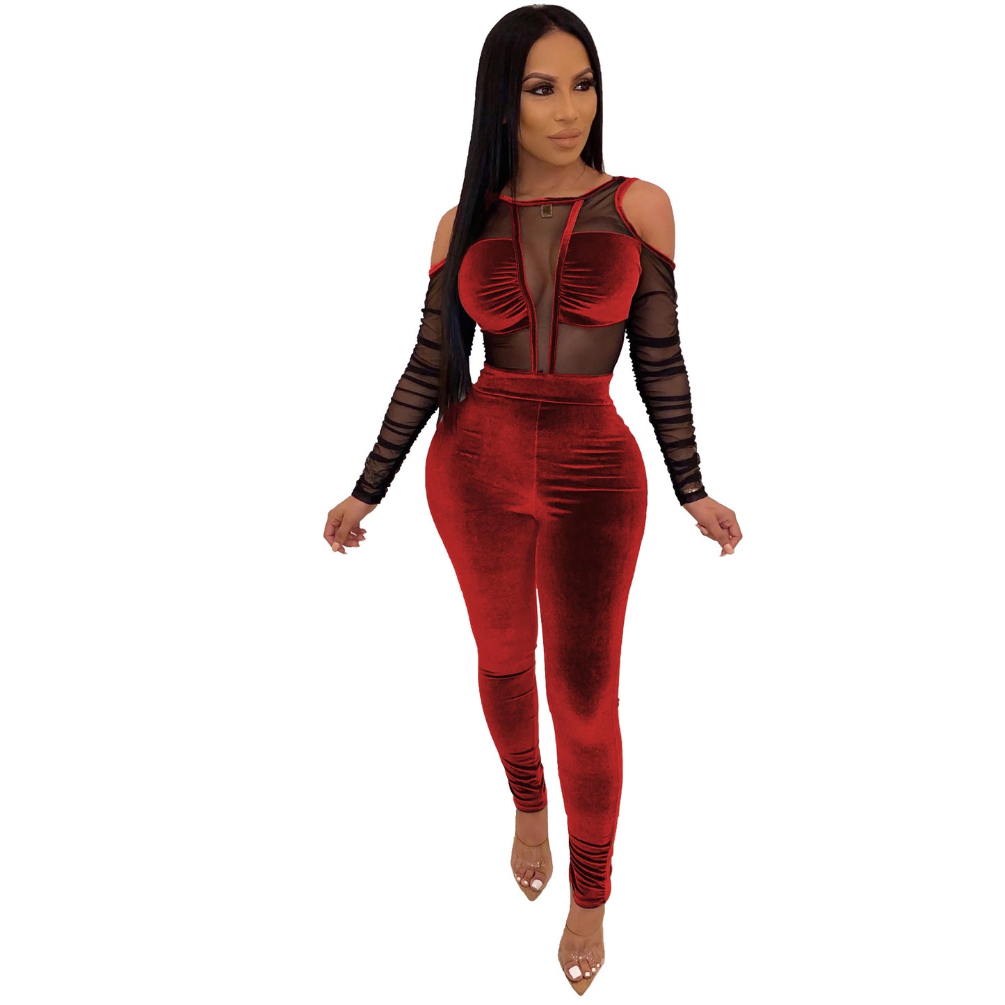 BamBam Sexy Mesh Velvet Patchwork Jumpsuit - BamBam Clothing