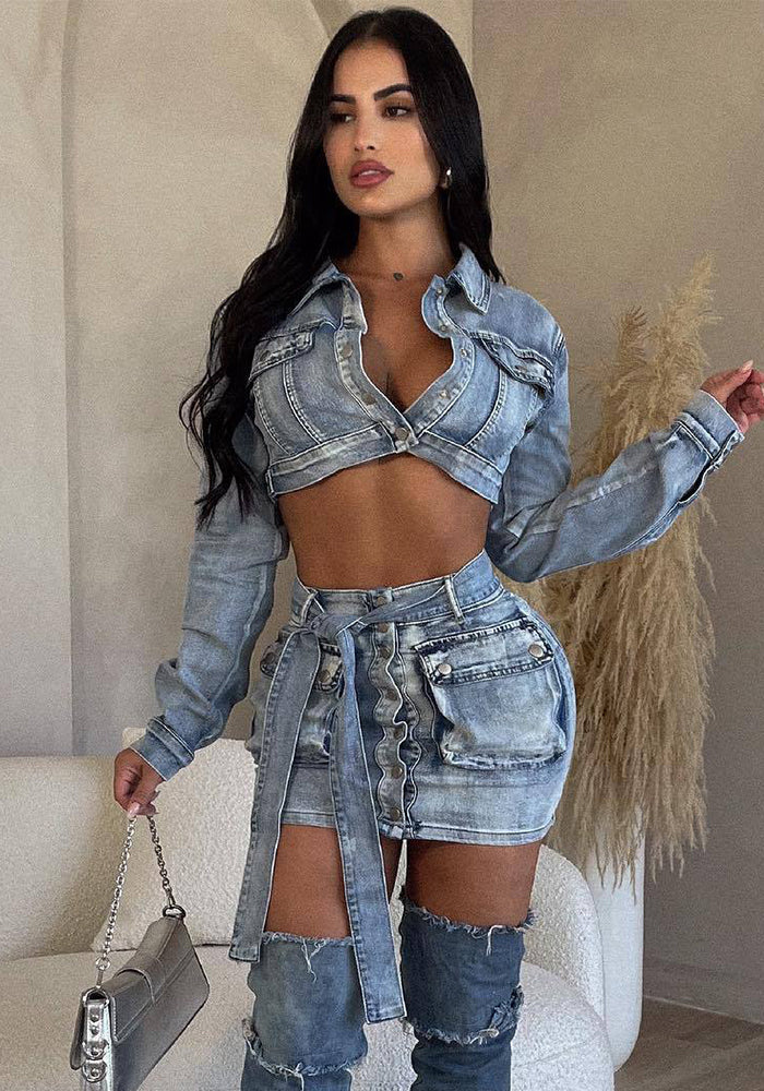 Fashion Washed Denim Belt Pocket Two Piece Skirt Suit