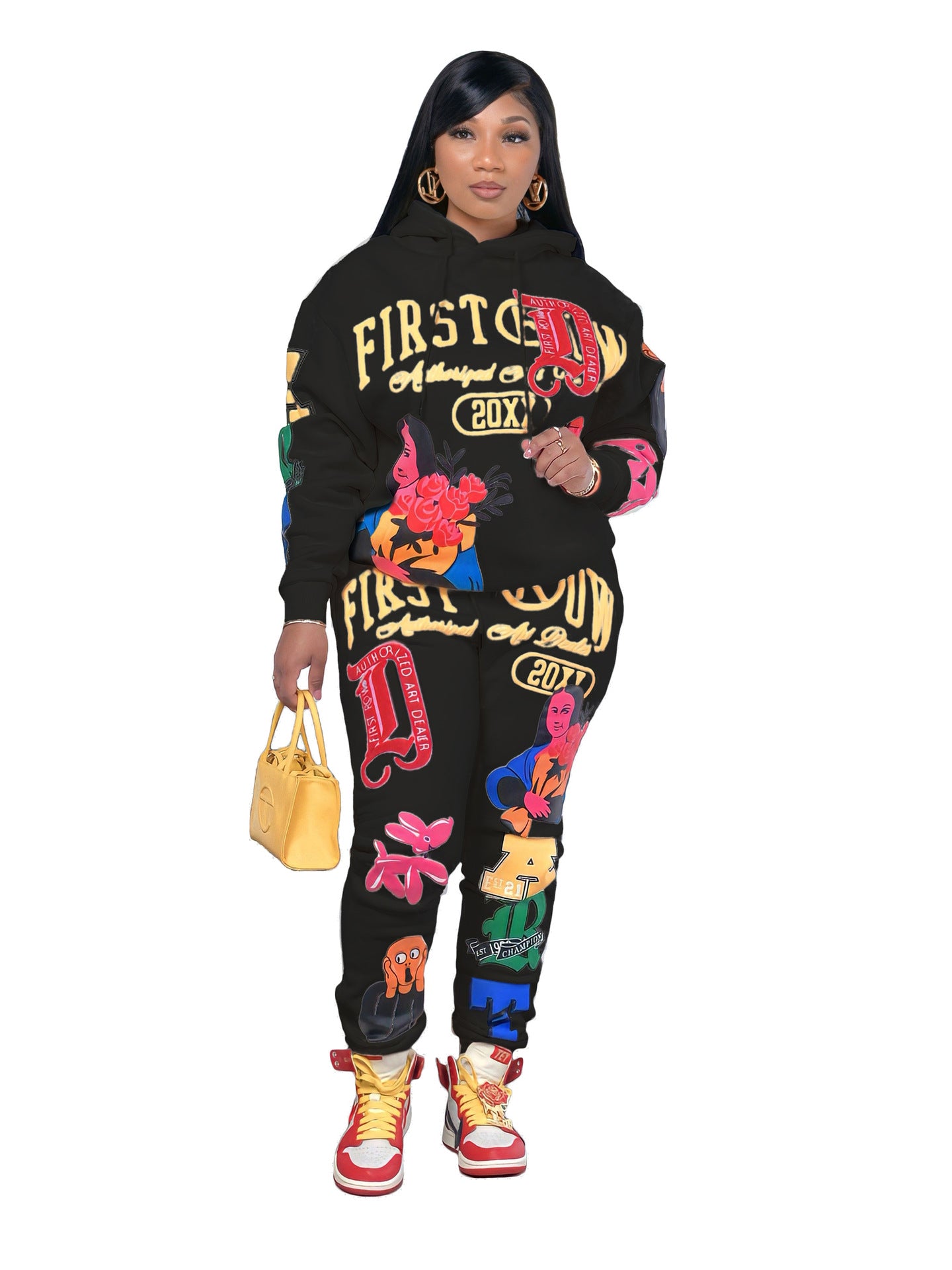 BamBam Stylish Casual Printed Fall/Winter Long Sleeve Hoodies Two-Piece Tracksuit - BamBam