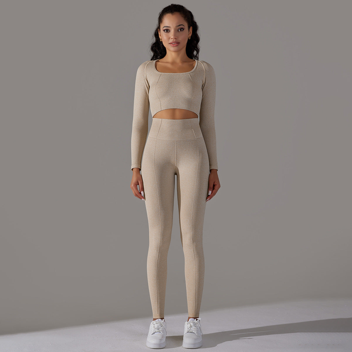 BamBam Seamless Knitting Solid Color Jacquard Low-Cut Tight Fitting Long-Sleeved Yoga Suit Sports Fitness Two-Piece Set - BamBam