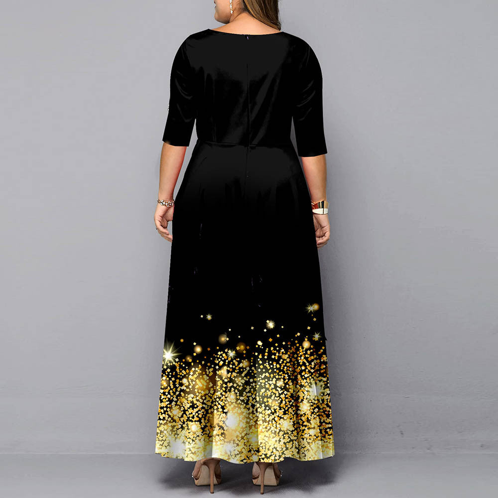 BamBam Autumn And Winter Digital Printing Pullover Mid-Waist Three-Quarter Sleeves Long Dress - BamBam