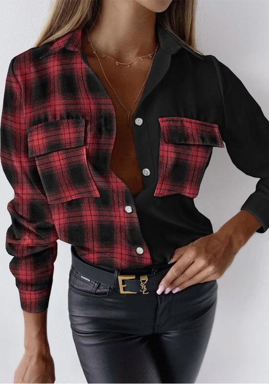 Women Autumn Plaid Long Sleeve V-Neck Button Patchwork Shirt