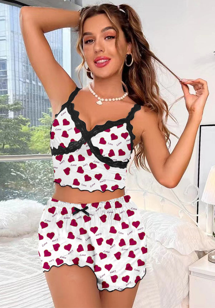 Women Printed Lace Sleeveless Contrasting Color Lace Top and Bow Shorts Two-piece Set