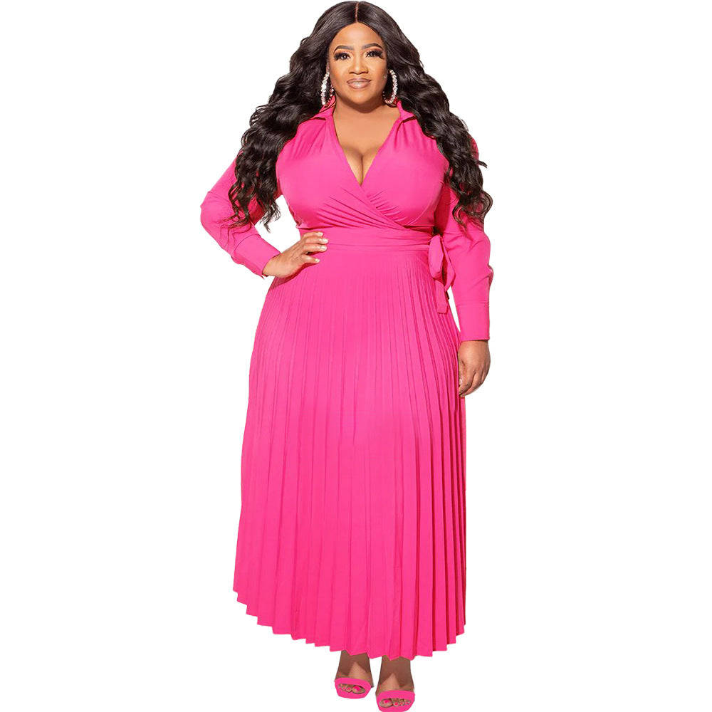 BamBam Plus Size Women V-Neck Tie Long Sleeve Pleated Skirt - BamBam