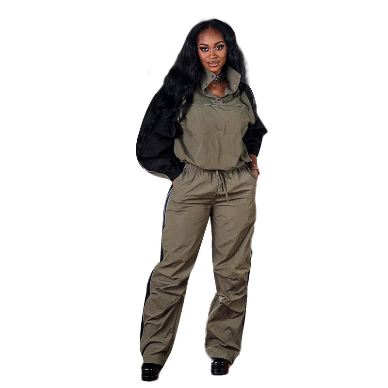 BamBam Autumn And Winter Women's Stand Collar Color Block Long Sleeve Top Cargo Trousers Windbreaker Sports Casual Two-Piece Set - BamBam