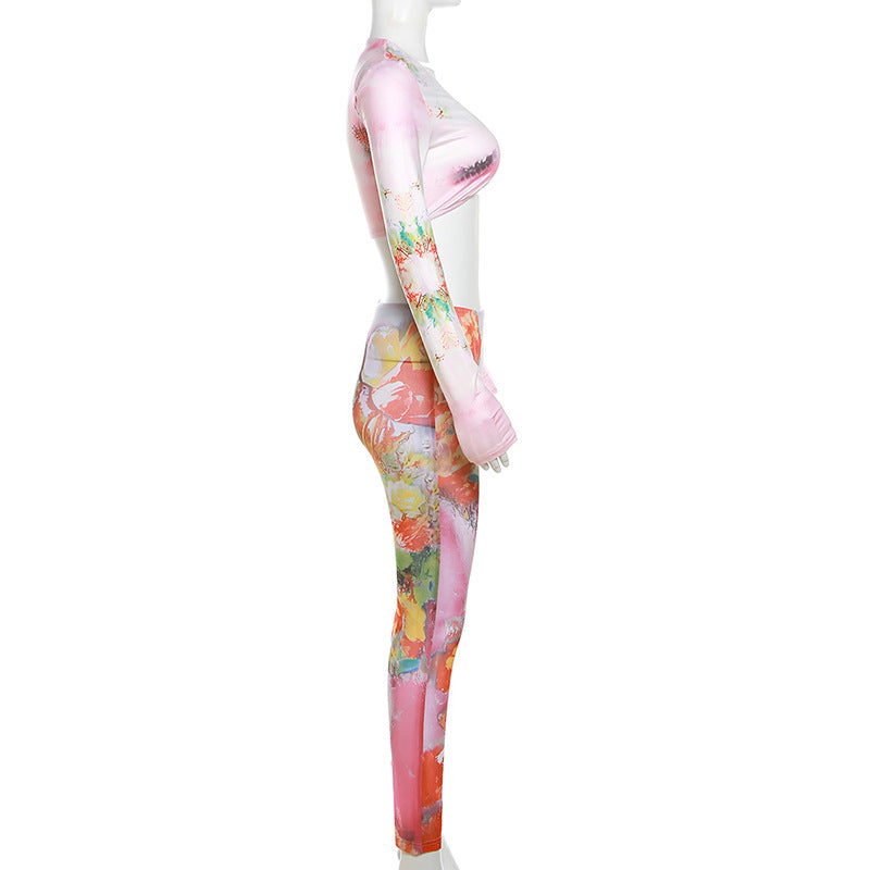 BamBam Autumn Women's Low-Neck Mesh Digital Print Top High-Waisted Trousers Two Piece Set For Women - BamBam