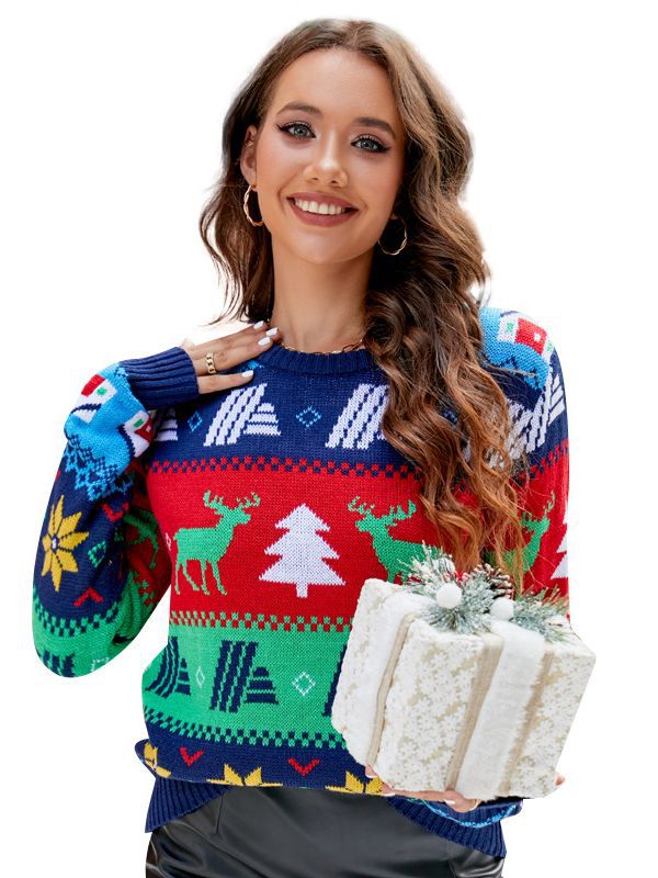 BamBam Christmas Sweater Autumn and Winter Jacquard Contrast Color Elk Sweater - BamBam