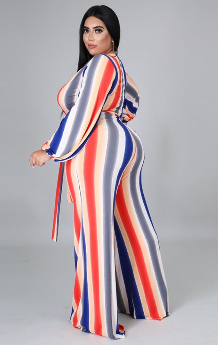 BamBam Autumn Plus Size Colorful Stripes V-Neck Jumpsuit with Belt - BamBam Clothing