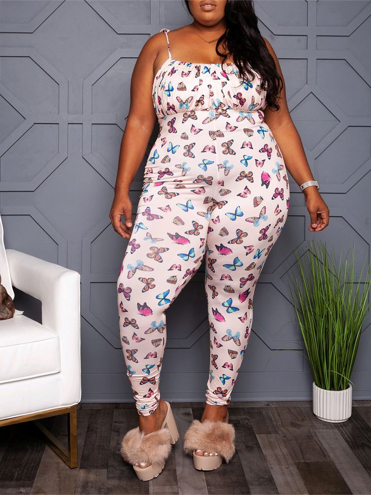 BamBam Butterfly Print Sexy Straps Plus Size Jumpsuit - BamBam Clothing