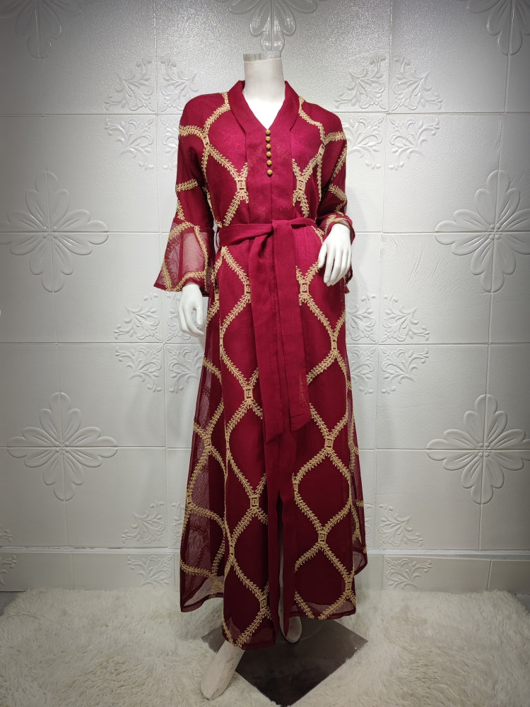 BamBam Women Summer Burgunry Arab Dubai Middle East Turkey Morocco Plaid Print Belted Islamic Clothing Kaftan Abaya Muslim Dress - BamBam