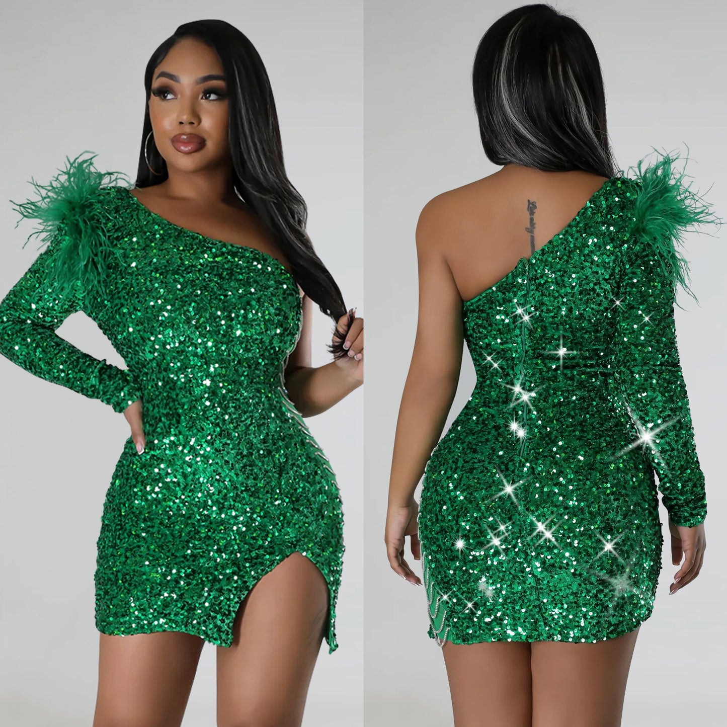 BamBam Fashion Women's Sexy One Shoulder Sequin Slit Bodycon Dress - BamBam Clothing Clothing