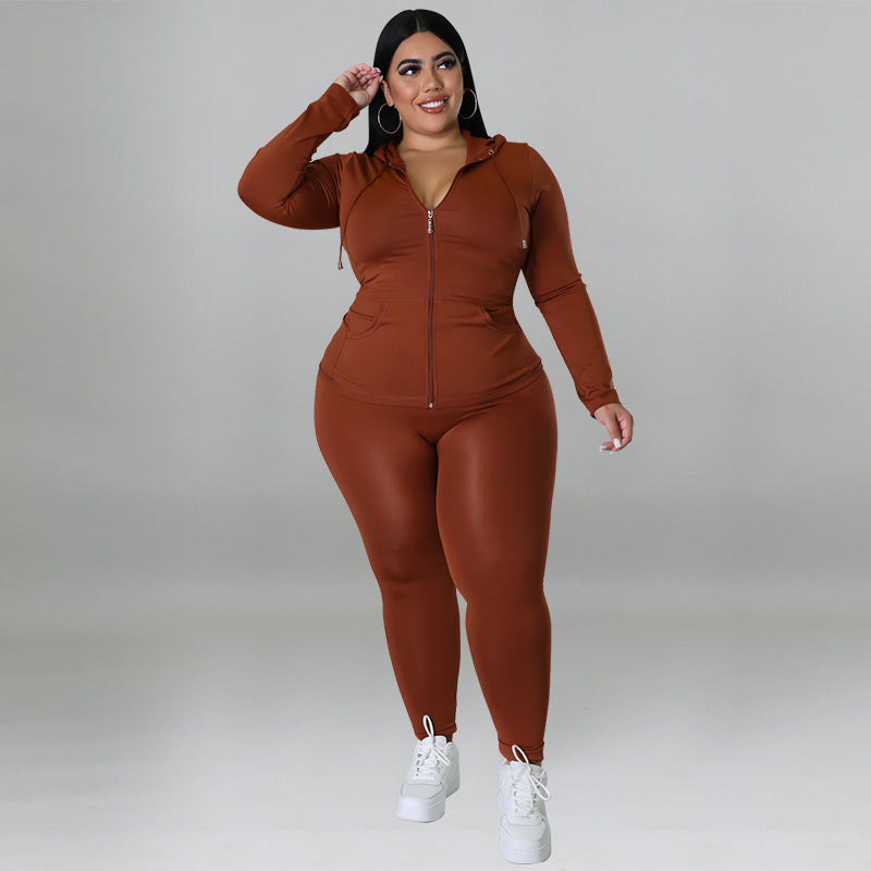 BamBam Plus Size Women's Solid Fall Hood Long Sleeve Pants Fashion Casual Set - BamBam Clothing