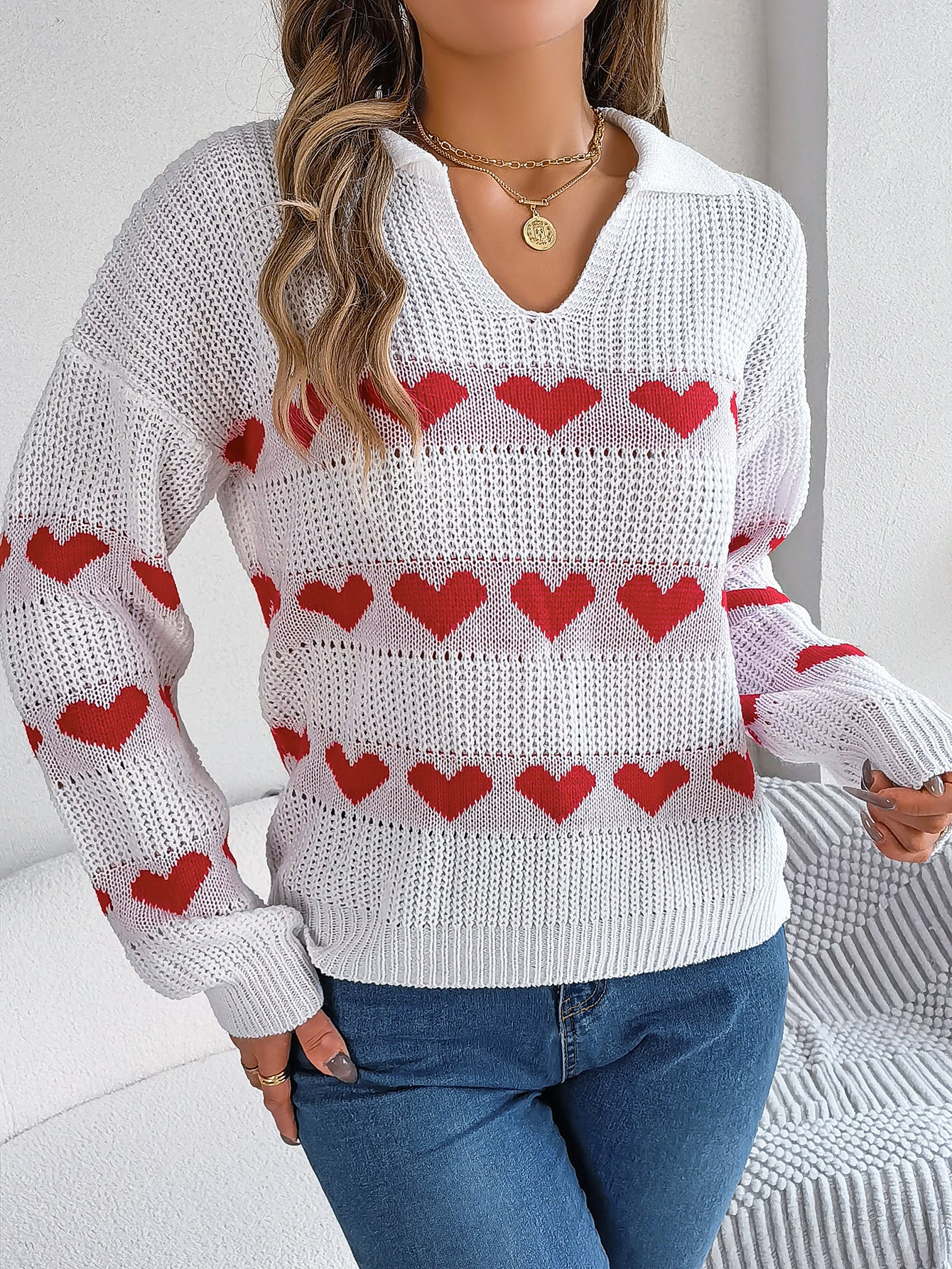 BamBam Women Fall/Winter Casual V-neck Balloon Sleeve Heart Print Sweater - BamBam