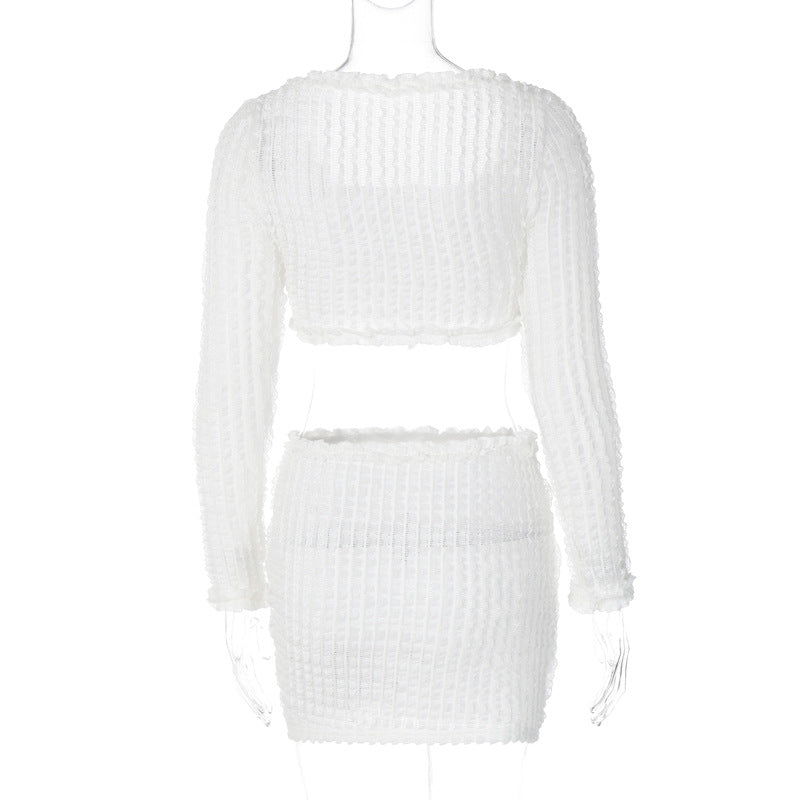 BamBam Women French Lace Square Neck Long Sleeve Crop Top and Sexy Mini Skirt Two-piece Set - BamBam