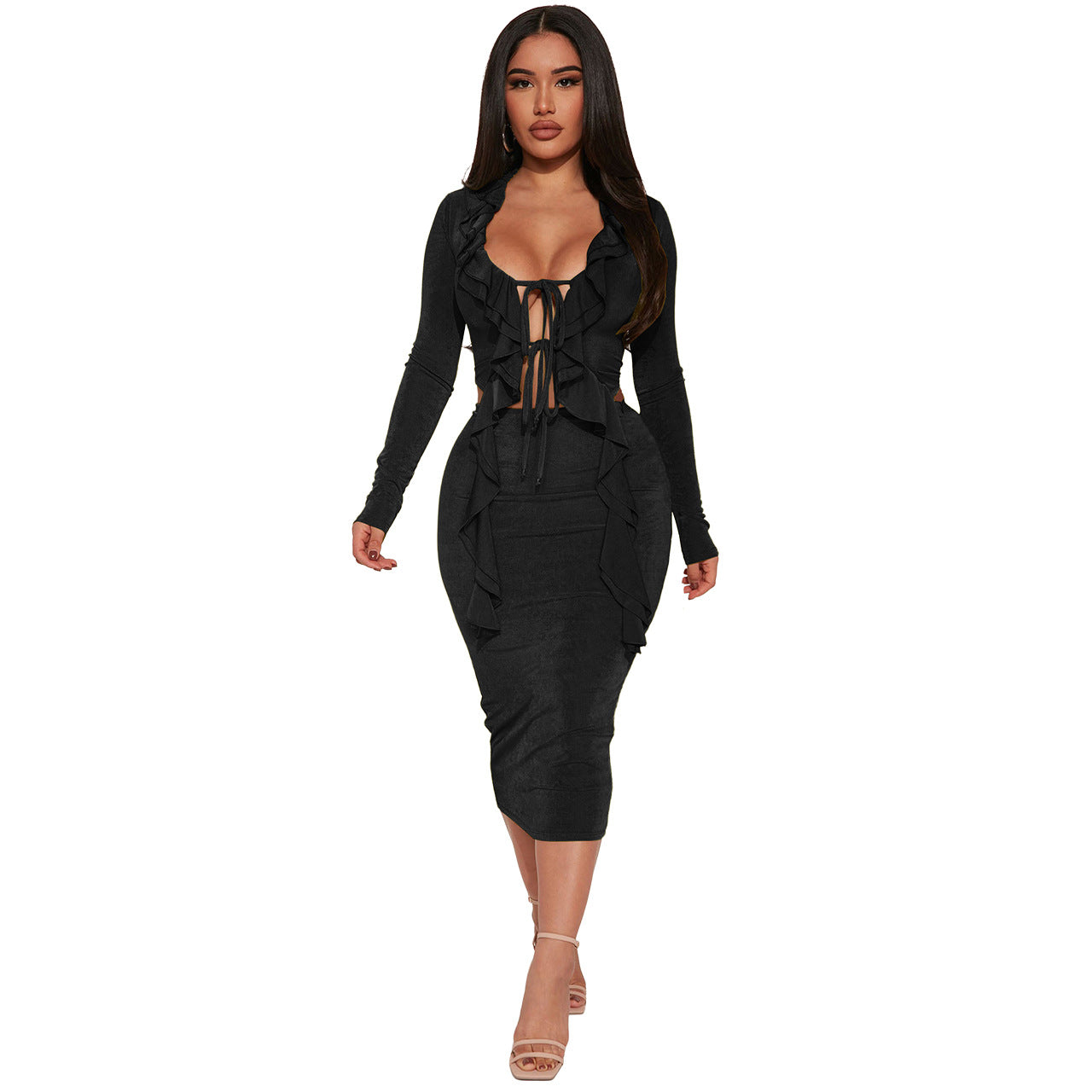 BamBam Women's Autumn And Winter Ruffled Long Sleeve Crop Top Slim Skirt Sexy Two Piece Set - BamBam