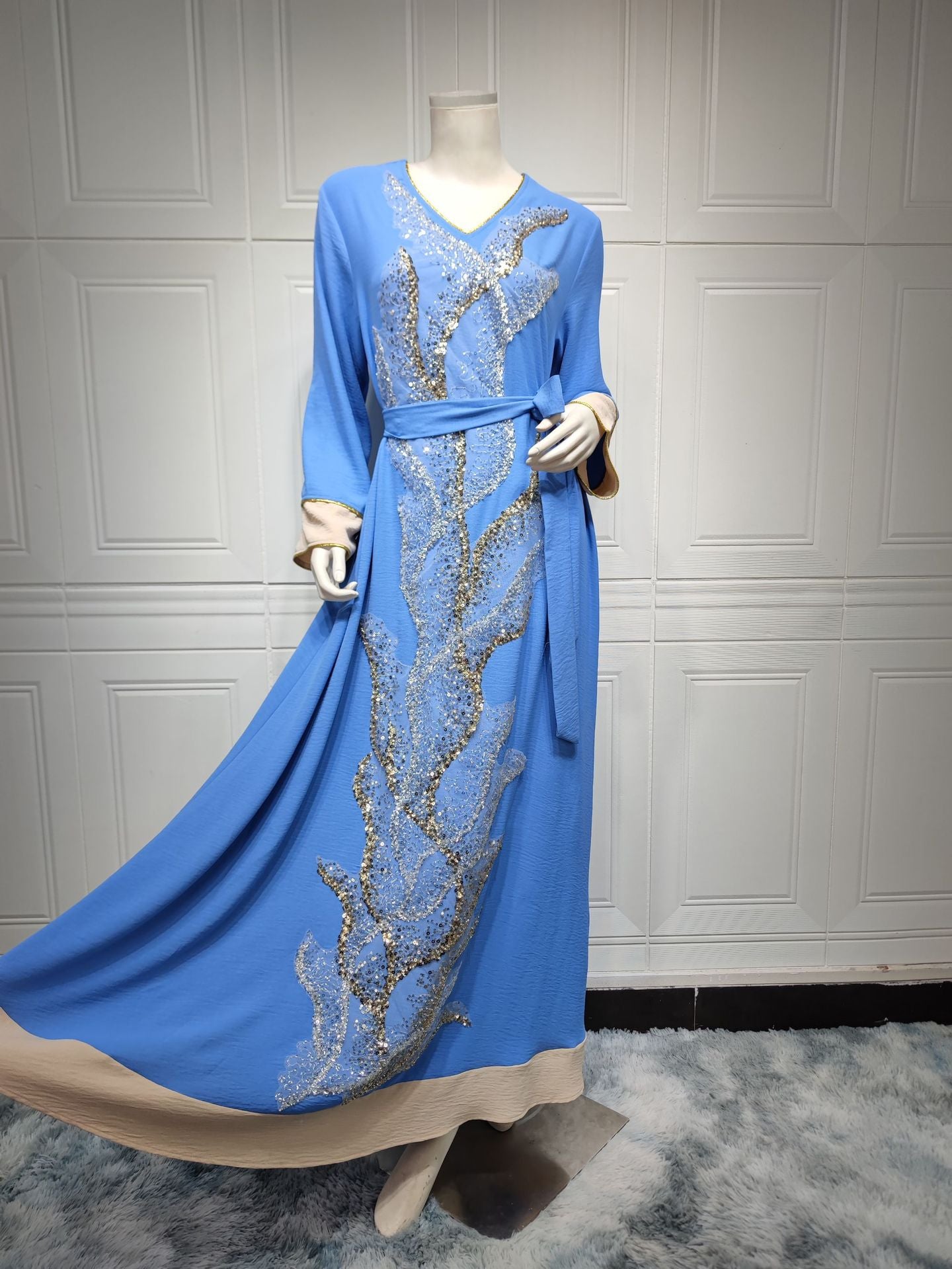 BamBam Muslim Robe Beaded Embroidery Fashion Abaya Arab Ladies Home Casual Dress - BamBam