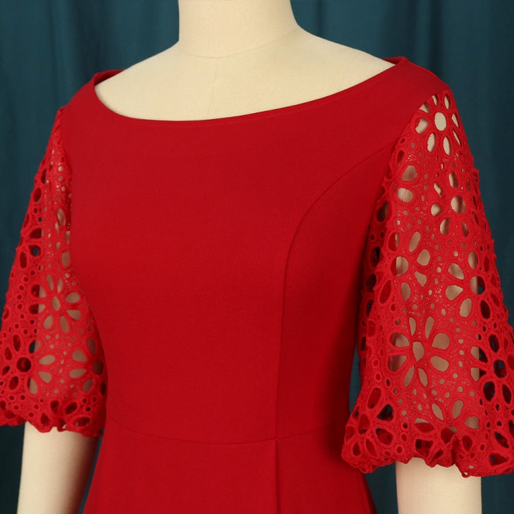 BamBam Women Summer Red Vintage O-Neck Short Sleeves Patchwork Lace Evening Dress - BamBam Clothing