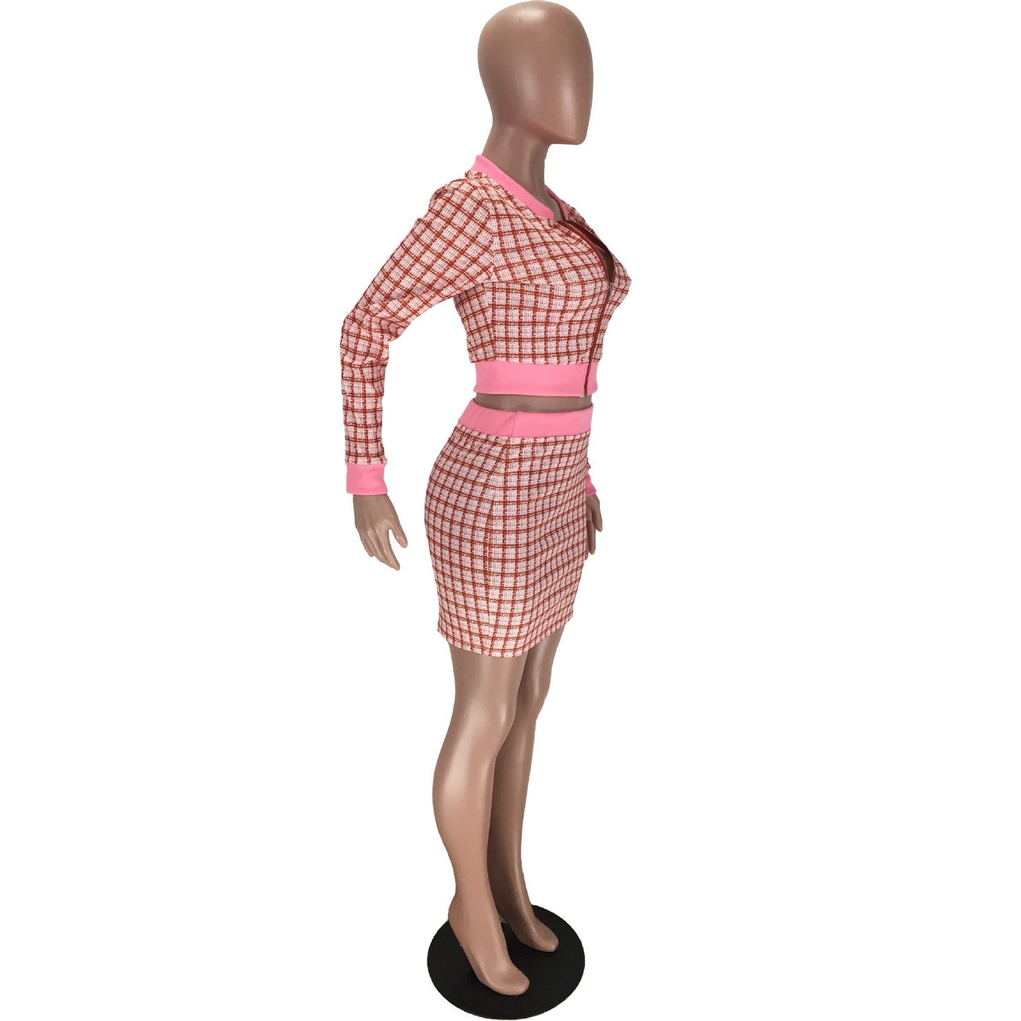 BamBam Women Plaid Ribbed Long Sleeve Top and Skirt Two-piece Set - BamBam