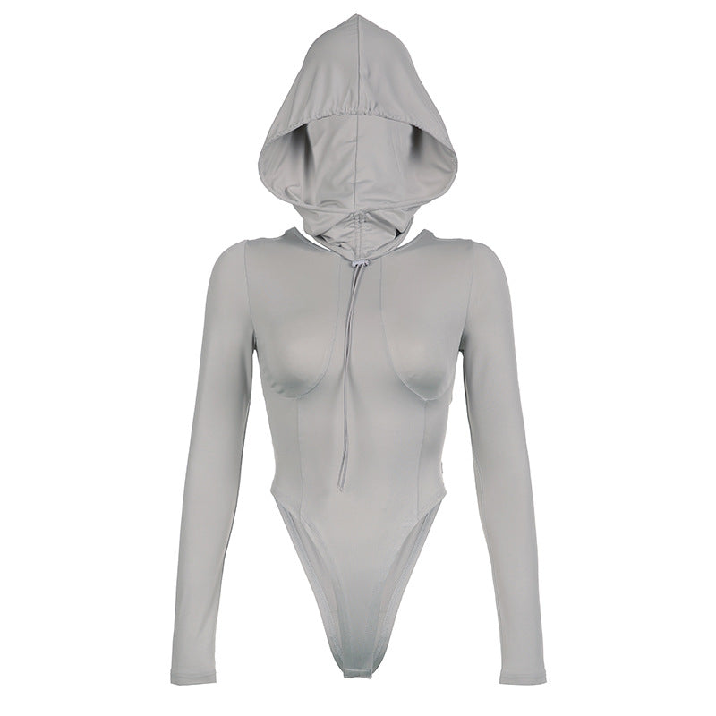 BamBam Women Long Sleeve Irregular Hollow Backless Drawstring Hooded Bodysuit - BamBam