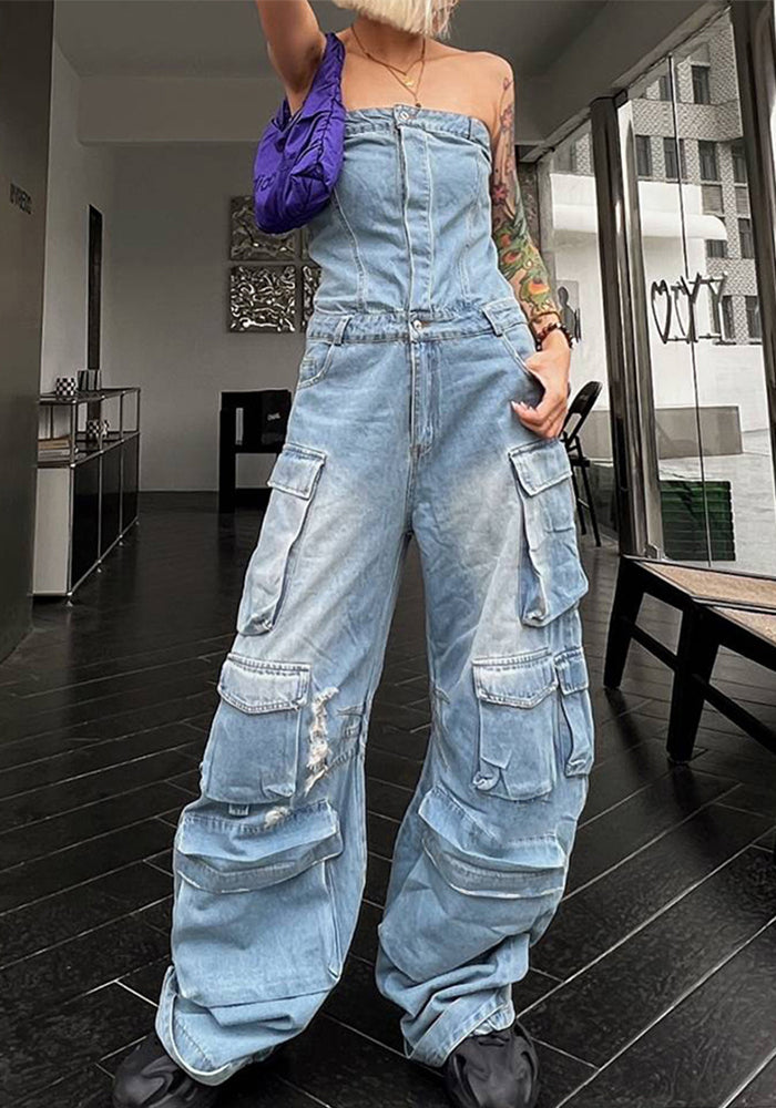 Women Street Style Strapless Pockets Denim Cargo Jumpsuit