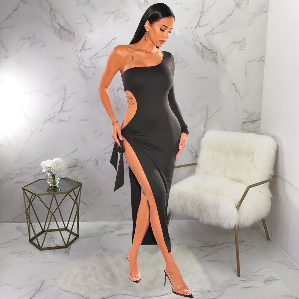 BamBam Fall Women Sexy Oblique One Shoulder Cutout Long Sleeve Lace-Up Dress - BamBam Clothing Clothing