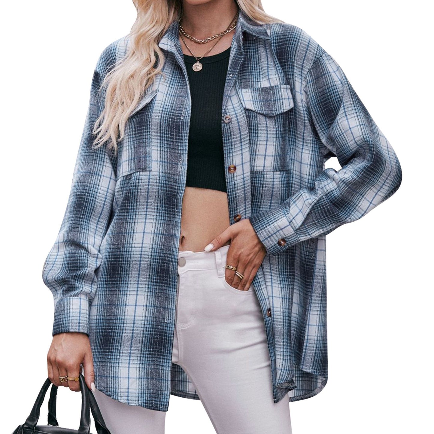 BamBam Women Casual oversize loose plaid shirt - BamBam