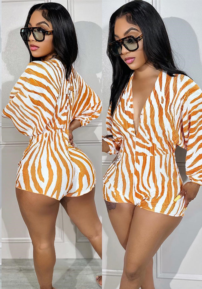 Autumn Women's Fashion Ribbed Digital Printing Long Sleeve V-Neck Sexy Rompers