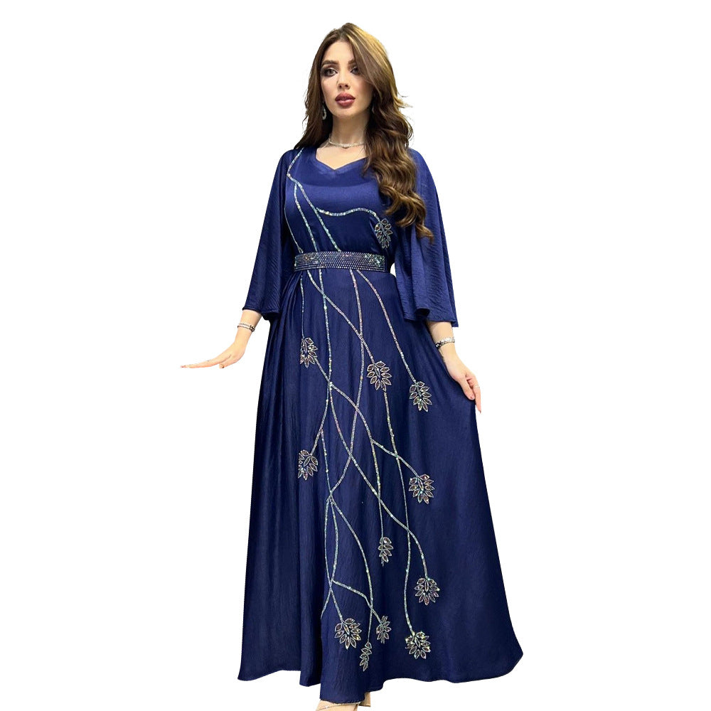 BamBam Muslim Abaya Leaf Pattern Beaded Dubai Robe Dress With Diamond Belt - BamBam