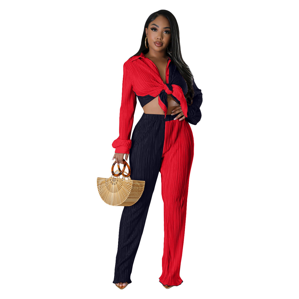 BamBam Women Fall Colorblock Loose Shirt and Pants Casual Two-piece Set - BamBam