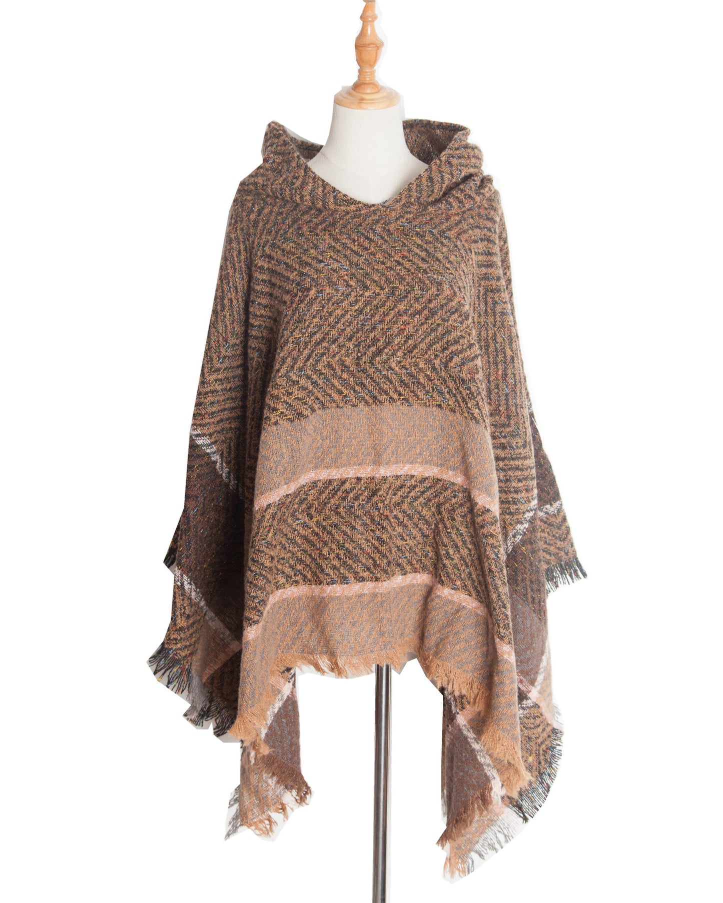 BamBam Women herringbone pattern hooded shawl cloak - BamBam