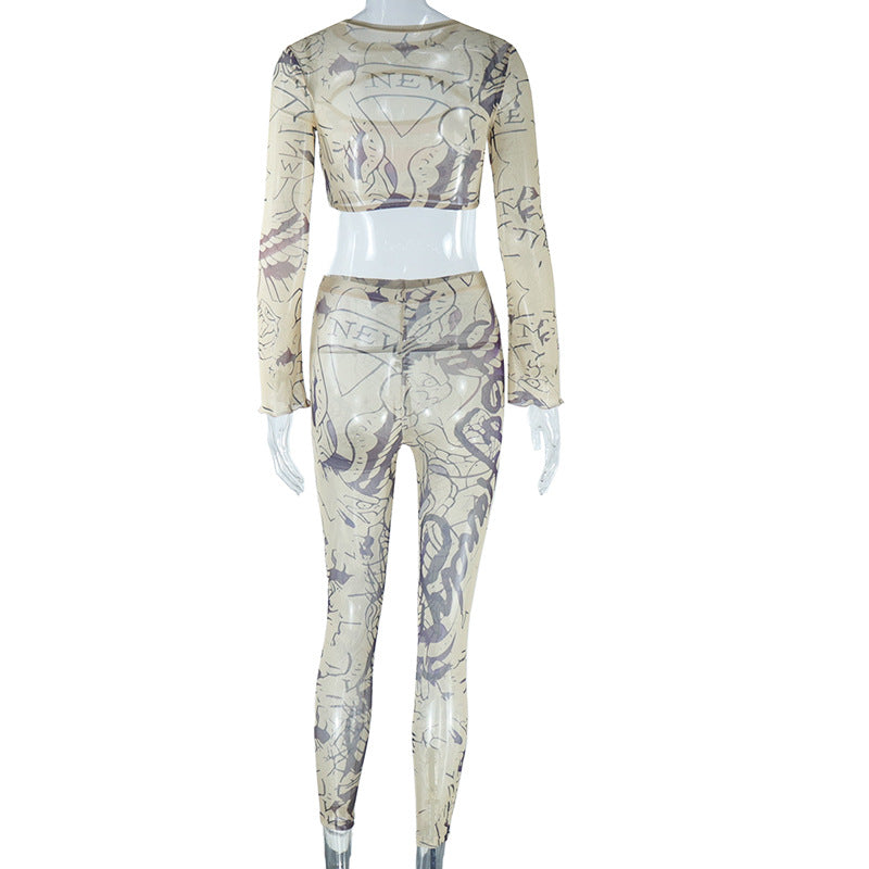 BamBam Mesh See-Through Fashion Set Round Neck Hollow Printed Long Sleeve Top High Waist Pants Two-Piece Set - BamBam