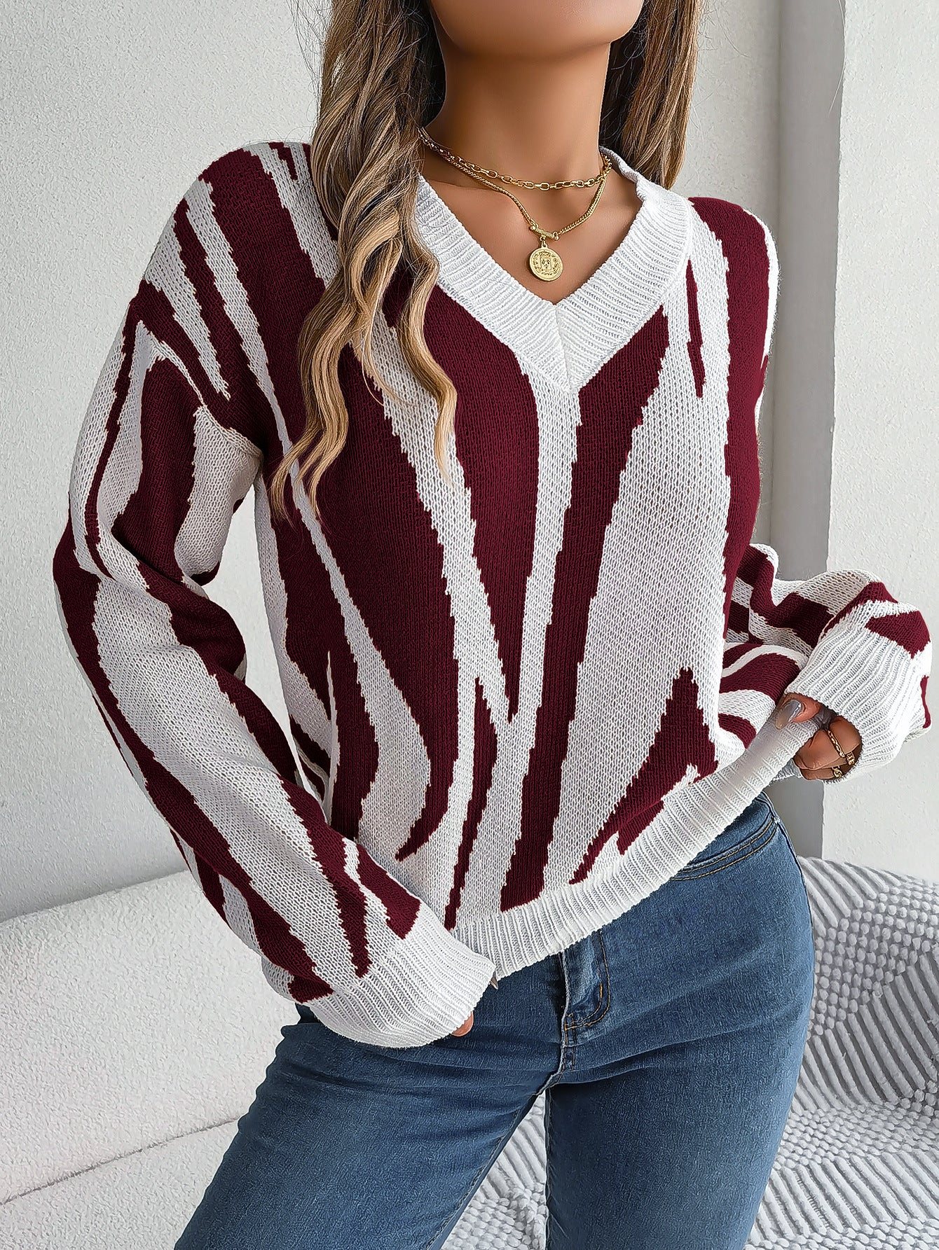 BamBam Autumn And Winter Casual V-Neck Contrast Color Long Sleeve Pullover Basic Sweater Women's Clothing - BamBam