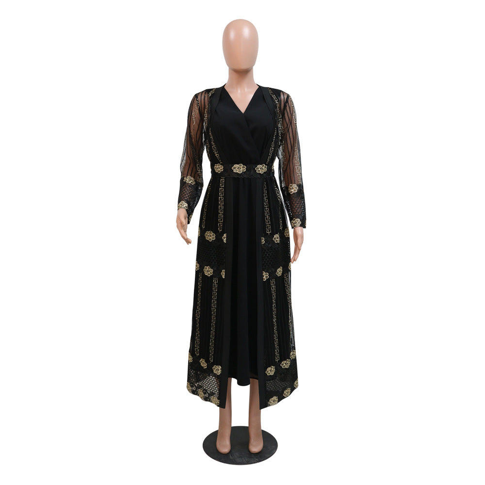 BamBam Embroidered mesh jacket with chiffon sundress suit kaftan dress - BamBam