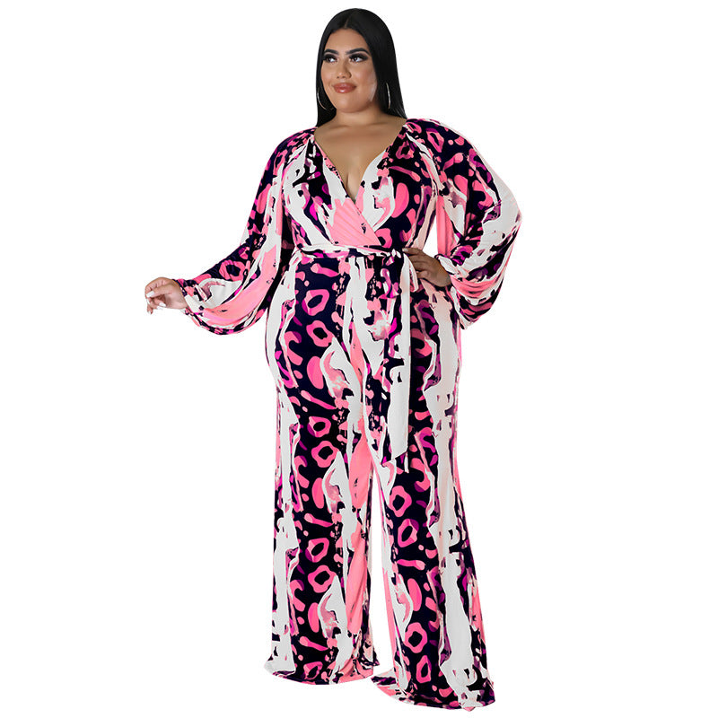 BamBam Plus Size Women Fall Print Sexy Off Shoulder Long Sleeve Jumpsuit - BamBam Clothing