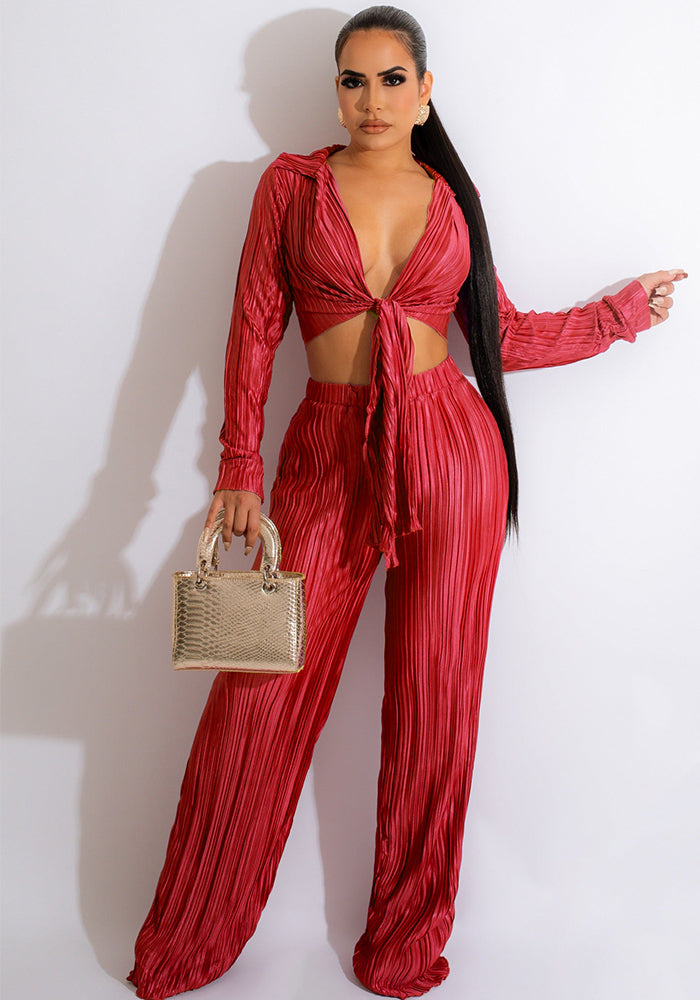 Women' Lace-Up Pleated Top and Pant Two-Piece Set