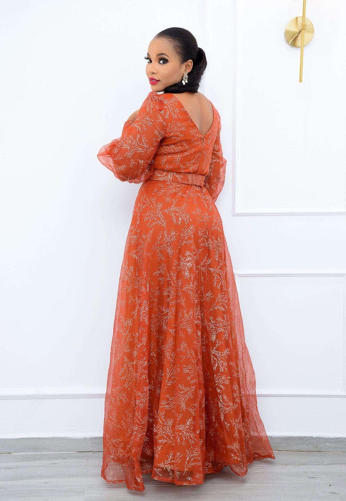 BamBam Spring Elegant Plus Size Orange V-neck Long Sleeve High Waist Slit Evening Dress - BamBam