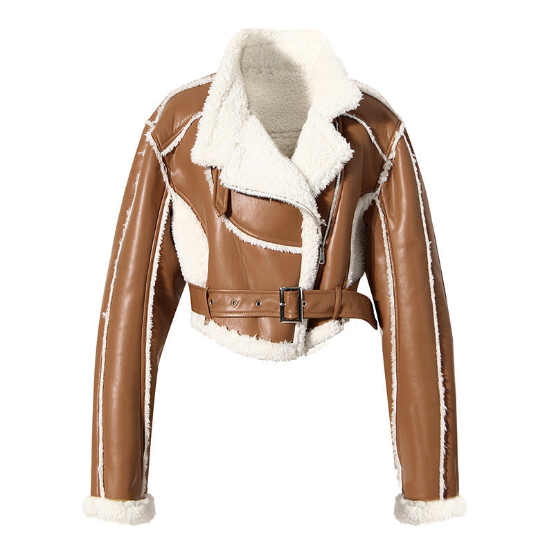 BamBam Brown Leather Jacket Women's Autumn And Winter Fur Pu Leathercotton Coat - BamBam