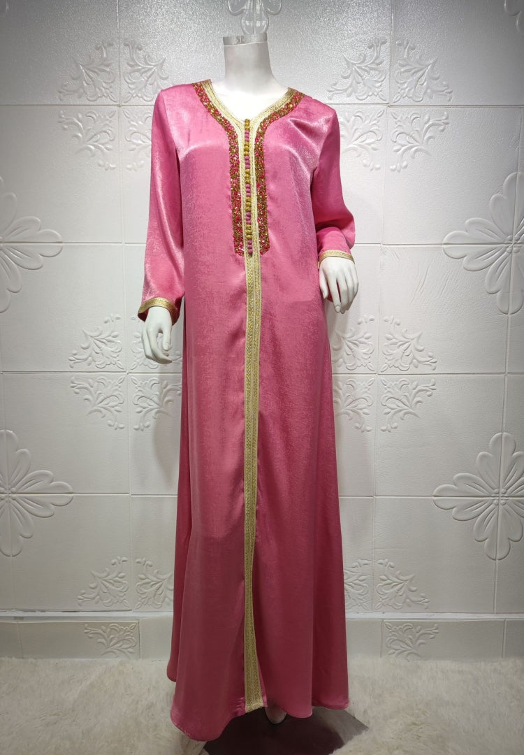 BamBam Arab Dubai Arab Middle East Turkey Morocco Islamic Clothing Kaftan Abaya Embroided Muslim Dress Rose - BamBam