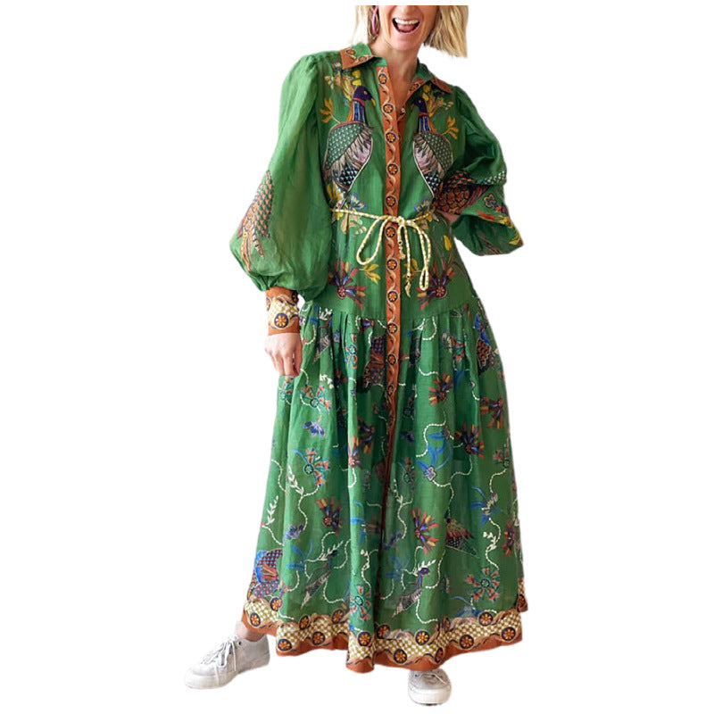 BamBam Autumn Printed Printed Long Sleeve Button Up Long Dress For Women - BamBam