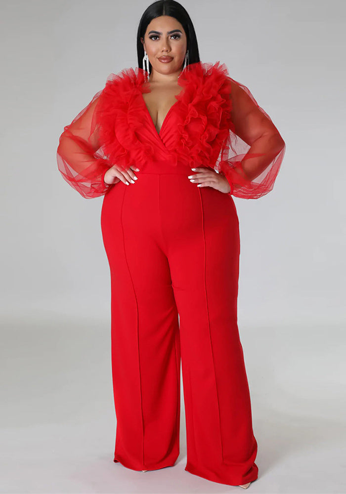 Sexy Deep V Solid Color Plus Size See-Through Long Sleeve Women Jumpsuit