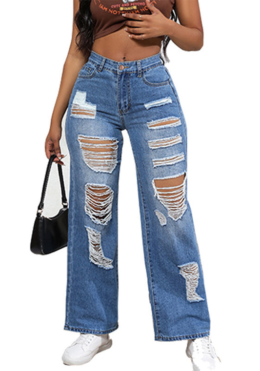 Women High Waist Washed Ripped Denim Pants