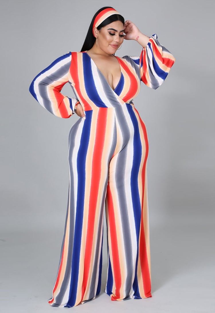 BamBam Autumn Plus Size Colorful Stripes V-Neck Jumpsuit with Belt - BamBam Clothing