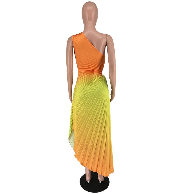 BamBam Women's Fashion Gradient Printed One Shoulder Pleated Maxi Dress - BamBam