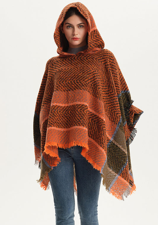 Women herringbone pattern hooded shawl cloak