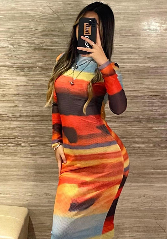 Multi-Color Printed Mesh Long-Sleeved Slim-Fitting Beach Dress