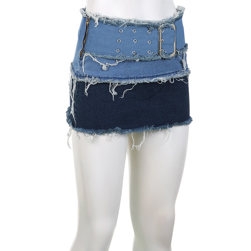 BamBam Denim Patchwork Distressed Strapless Crop Vest High Waist Miniskirt Two Piece Set - BamBam