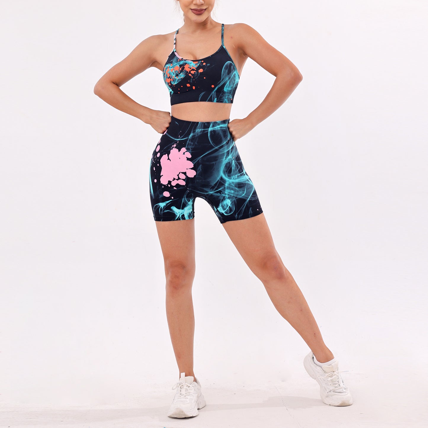 BamBam Printed Yoga Clothes Set Women Strap Yoga Bra Butt Lift High Waist Fitness Exercise Shorts - BamBam