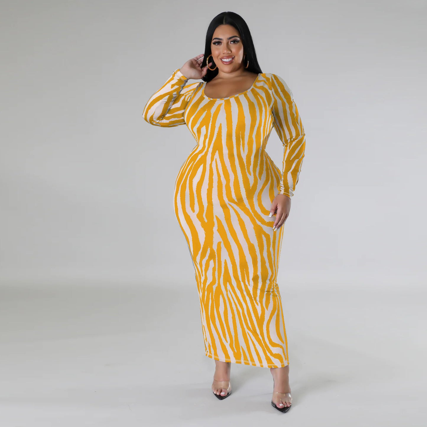 BamBam Plus Size Women Autumn Zebra Print Two-Wear Long Sleeve Dress - BamBam