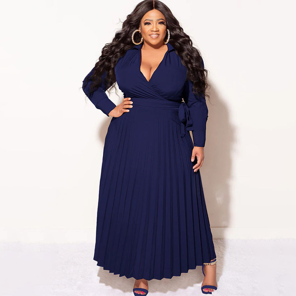 BamBam Plus Size Women V-Neck Tie Long Sleeve Pleated Skirt - BamBam