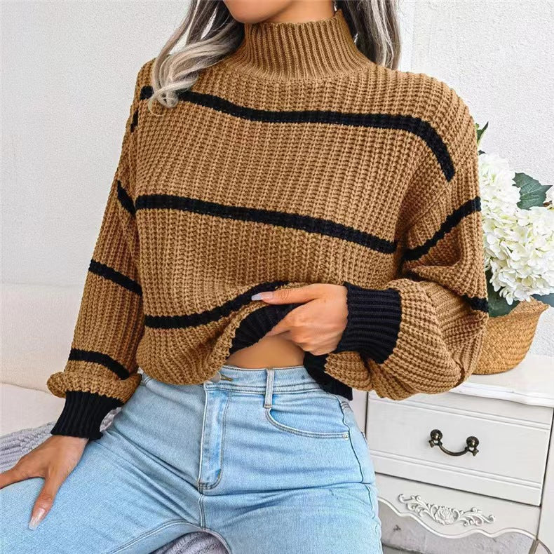 BamBam Autumn And Winter Casual Striped Lantern Sleeve Half Turtleneck Knitting Pullover Sweater For Women - BamBam